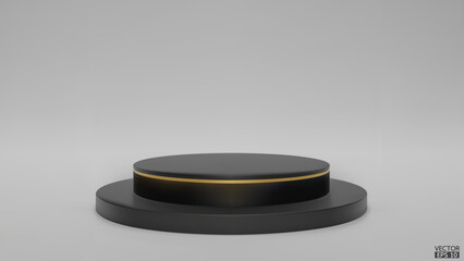 Shiny black round pedestal on studio backdrops. Dark Blank display or clean room for showing product. Minimalist mockup for podium display or showcase. 3D vector illustration.