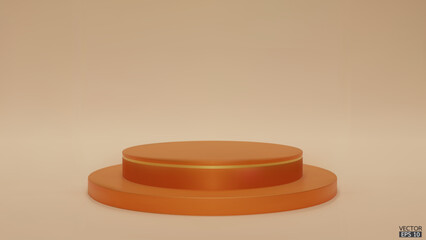 Shiny orange color round pedestal  on studio  backdrops. Orange Blank display or clean room for showing product. Minimalist mockup for podium display or showcase. 3D vector illustration.