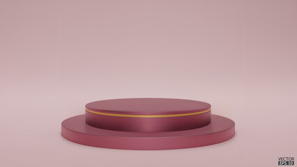 Shiny metallic pink round pedestal on studio backdrops. Rose gold Blank display or clean room for showing product. Minimalist mockup for podium display or showcase. 3D vector illustration.