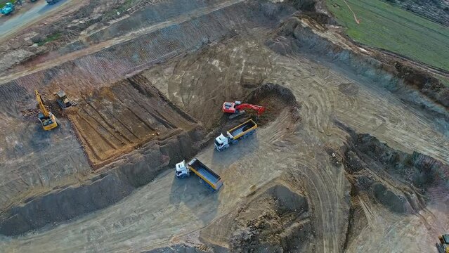 construction equipment excavation work drone image