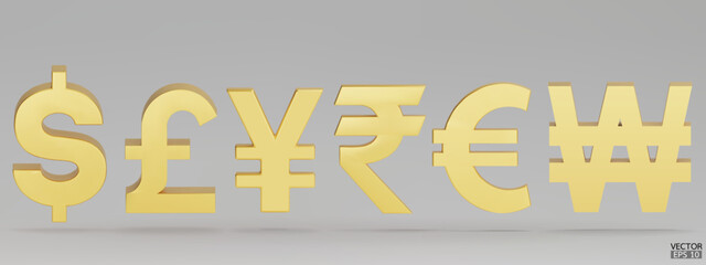 Set of gold currency symbol isolated on white background. Dollar, British Pounds, Japanese yen, Indian Rupee, Euro and Korean Won sign. 3D golden money currency signs. 3D vector Illustration. - obrazy, fototapety, plakaty