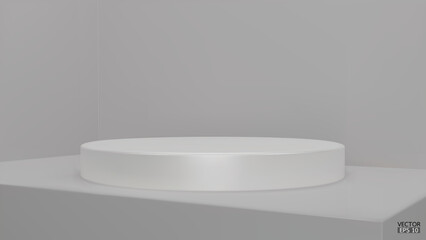 Naklejka na ściany i meble Shiny white round pedestal on white studio backdrops. Blank display or clean room for showing product. Minimalist mockup for podium display or showcase. 3D vector illustration.