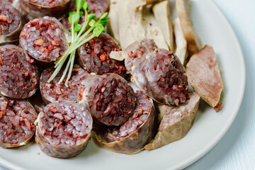 Sundae, Korean Blood Sausage : Pork intestines stuffed with glass noodles, vegetables, sweet rice,...