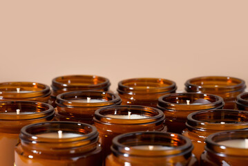 Group of Handmade Soy and coconut wax candles in a Amber and opaque container, brown glass jar....