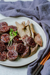 Sundae, Korean Blood Sausage : Pork intestines stuffed with glass noodles, vegetables, sweet rice,...