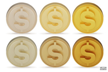 Set of gold Dollar coins isolated on a white background. 3d realistic coins. Golden coin icons. Dollar coin sign. 3D vector illustration.