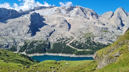 marmolada mountain with glacier and mountain lake - obrazy, fototapety, plakaty