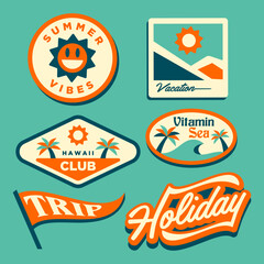 Fototapeta premium summer travel 70s sticker collection. Summer Labels. Beach party, summer vibes. 1970s Retro logo designs. Groovy prints for T-shirt, typography. Vector summer emblems templates.