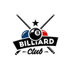 Billiard club logo icon design, sports badge template. Vector illustration. crossed billiard cues with 3 balls and star isolated on white background. Vector emblem - obrazy, fototapety, plakaty