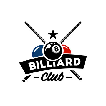 Billiard club logo icon design, sports badge template. Vector illustration. crossed billiard cues with 3 balls and star isolated on white background. Vector emblem