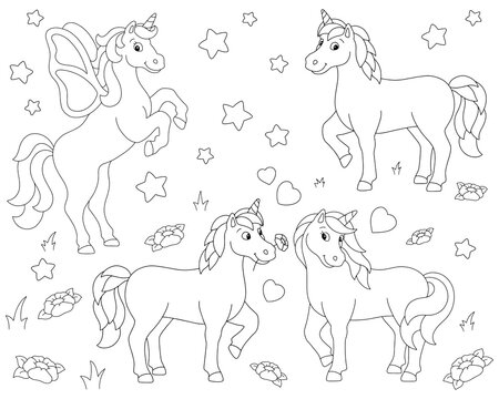 Loving cute unicorns. Coloring book page for kids. Valentine's Day. Cartoon style character. Vector illustration isolated on white background.