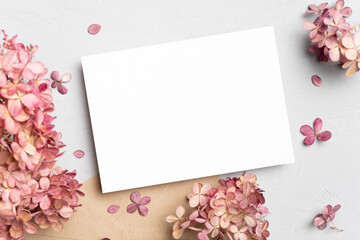 Stylish wedding invitation card mockup with hydrangea flowers