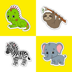 Set of bright color stickers for kids. Animal theme. Cute cartoon characters. Vector illustration isolated on color background.