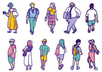 街の人々、大勢のセット。手描きのベクターデータ。