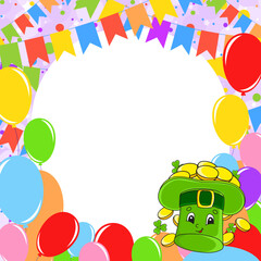 Obraz na płótnie Canvas Happy birthday greeting card with a cute cartoon character. With copy space for your text. Picture on the background of bright balloons, confetti and garlands. Vector illustration.