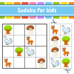 Sudoku for kids. Education developing worksheet. Activity page with pictures. Puzzle game for children. Logical thinking training. Isolated vector illustration. Funny character. cartoon style.