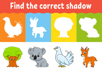 Find the correct shadow. Education worksheet. Matching game for kids. Color activity page. Puzzle for children. cartoon character. Isolated vector illustration.