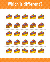 Which is different. Education developing worksheet for kids. Activity page. Birthday theme. Vector illustration.