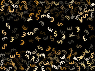 Euro dollar pound yen metallic symbols flying money vector design. Jackpot pattern. Currency