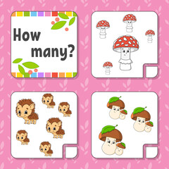 Counting game for children. Happy characters. Learning mathematics. How many object in the picture. Education worksheet. With space for answers. Vector illustration.