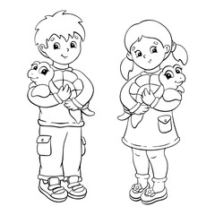 A little boy and girl are holding turtles in their hands. Coloring page for kids. Digital stamp. Cartoon style character. Vector illustration isolated on white background.