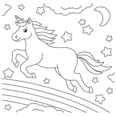 Fairytale sky with rainbow, stars and clouds. Coloring book page for kids. Cartoon style character. Vector illustration isolated on white background.