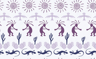 Kokopelli with flute, pangolin, hawk, sun symbol, hands and plant tribal vector seamless pattern.
