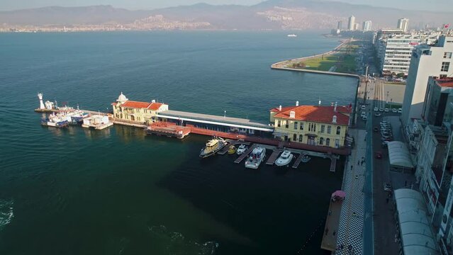 drone view of izmir pasaport pier and coastline