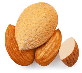Almond raw piece Collection. Almonds isolated on white background. Set. Closeup.