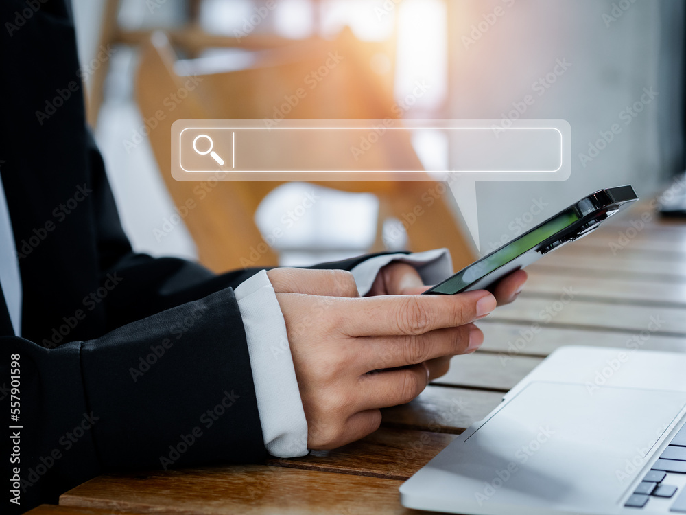 Aufkleber search engine bar with blank space for text on smart mobile phone using by businessperson. data sear