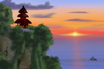 sunset over the uluwatu temple illustration