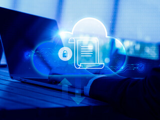 Sovereign cloud technology concept. Laws and regulations with padlock on cloud icons on laptop computer, blue tone. Data security, control and access with strict requirements of local laws on privacy. - obrazy, fototapety, plakaty