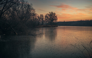 Winter sunrise on river