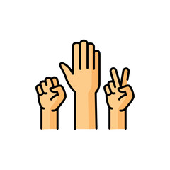 Raised hands color line icon. Corporate work.