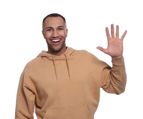 Man giving high five on white background
