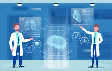 Medical holographic scene . Doctor is diagnose by health technology with patient body scan . Augmented Reality concept . Vector .