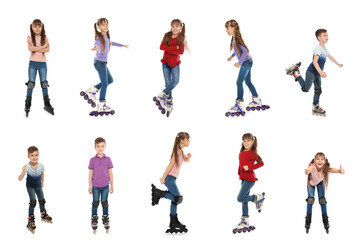 Photos of boy and girl with roller skates on white background, collage design