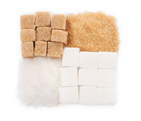 Different types of sugar on white background, top view