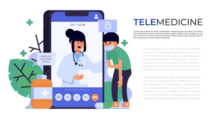 Telemedicine . Doctor consulting patient by video call via smartphone and copy space . Vector .