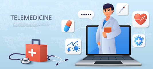 Telemedicine . Doctor is consulting with patient by online internet . Copy space at left side . Vector .