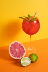red cocktail glass with ice and straw accompanied with lime and grapefruit on orange and yellow minimalistic background