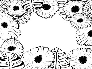 FRAME from flowers and leaves. Black and white flowers, place for text.