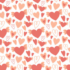 Seamless pattern with valentine hearts, vector red background, doodle hearts. Ready template for design, postcards, print, poster, party, Valentine's day, textile, wallpaper.