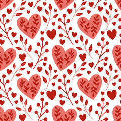 Seamless pattern with valentine hearts, vector red background, doodle hearts. Ready template for design, postcards, print, poster, party, Valentine's day, textile, wallpaper.