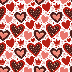 Fototapeta na wymiar Seamless pattern with valentine hearts, vector red background, doodle hearts. Ready template for design, postcards, print, poster, party, Valentine's day, textile, wallpaper.
