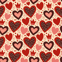 Naklejka na ściany i meble Seamless pattern with valentine hearts, vector red background, doodle hearts. Ready template for design, postcards, print, poster, party, Valentine's day, textile, wallpaper.