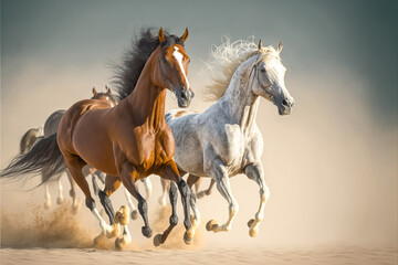 Obraz na płótnie Canvas two Arabian Horses stallion with long mane portrait run gallop at Sahara Desert generative ai