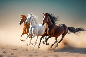 three Arabian Horses stallion with long mane portrait run gallop at Sahara Desert generative ai 
