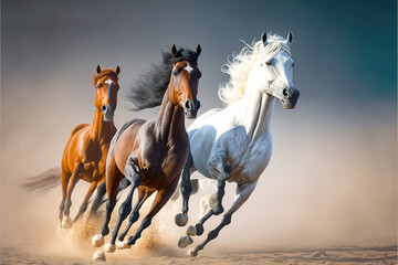 Obraz na płótnie Canvas three Arabian Horses stallion with long mane portrait run gallop at Sahara Desert generative ai