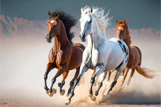 Three Gallop of Arabian Horses in Dust at Sahara Desert , generative ai        